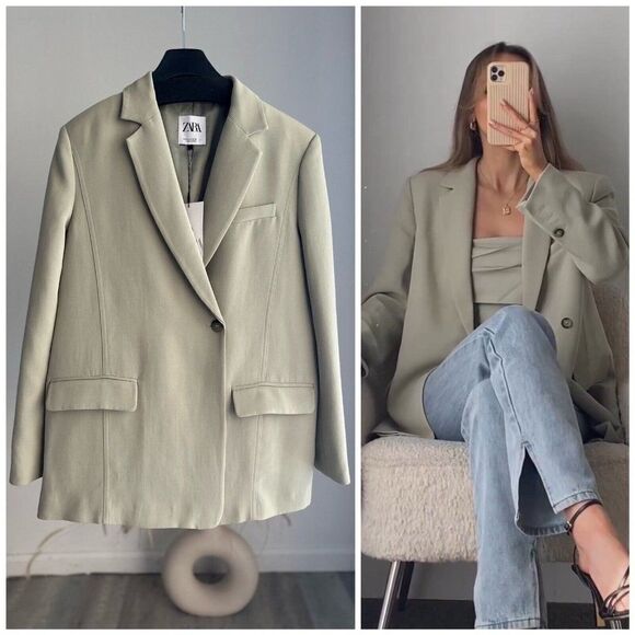 ZARA MENSWEAR STYLE DOUBLE BREASTED BLAZER OVERSIZED LIGHT KHAKI GREEN S M - Picture 1 of 4